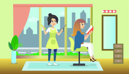 Vector sketch of the interior of the beauty salon in which the hairdresser does the hairstyle to the girl
