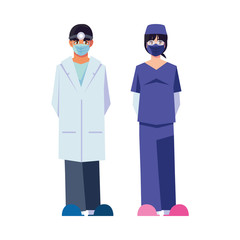 Man and woman doctor with uniforms and masks vector design