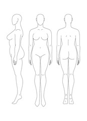 Sketch of a full female body. Front, side and rear view. Female body template for drawing clothes. You can print and draw directly on sketches.
