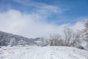 Fototapeta na wymiar Karachay-Cherkessia, Russia. Caucasus Mountains cold winter landscape