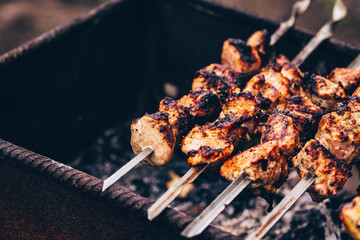 Close up of toasted shashlik on skewers. Succulent barbecue roasting on chargrill. Concept of picnic outdoor.