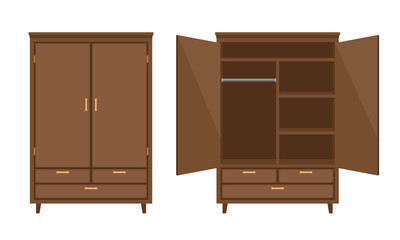 Wood wardrobe. Wooden empty dresser walldrobe vector illustration, worderobe with drawer, shelves and hangers holder for bedroom interior design, brown emptying open flat cabinet