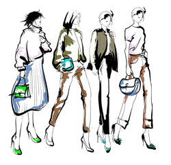 Beautiful young women in modern style.. Hand drawn stylish woman portrait. Fashion lady. Festive outfit. Sketch. Fashion model posing in dress. Hand drawn fashion woman.