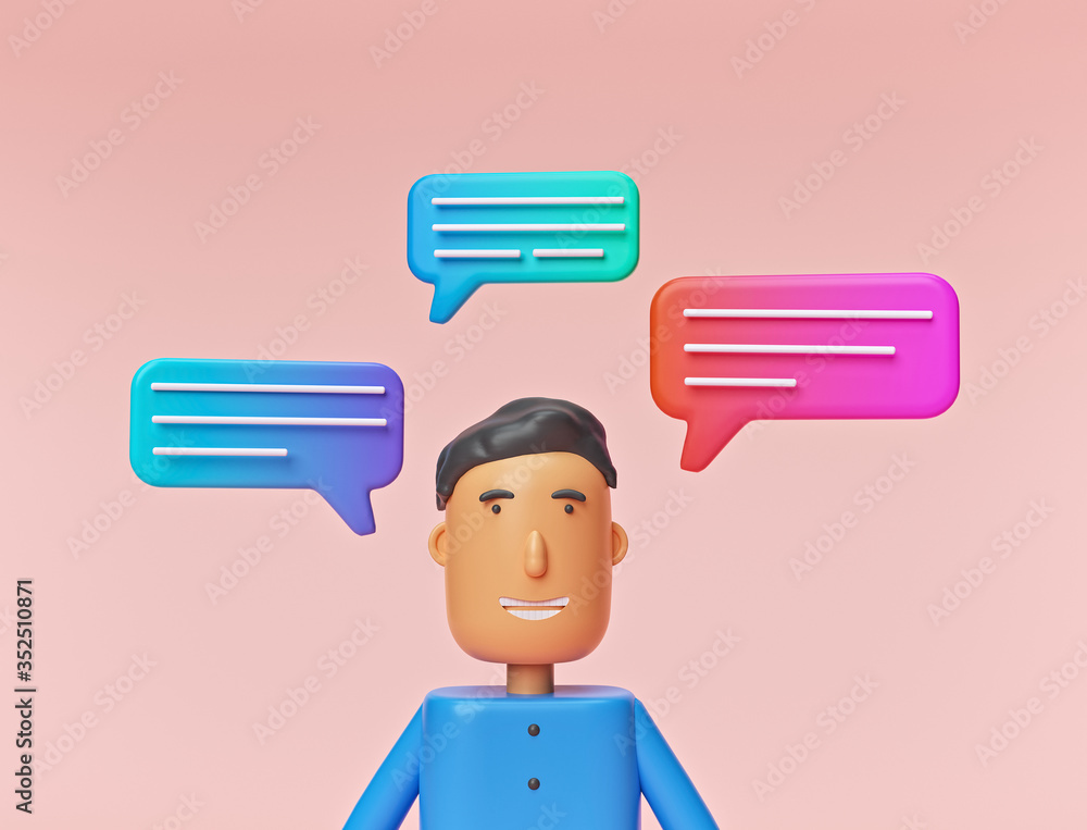 Poster happy cartoon character with chat bubbles. social media concept. minimal style design. 3d rendering