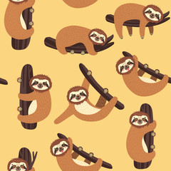 Fototapeta premium Seamless background with Sloth on the branch. Vector illustration with cute bear. Animal pattern.