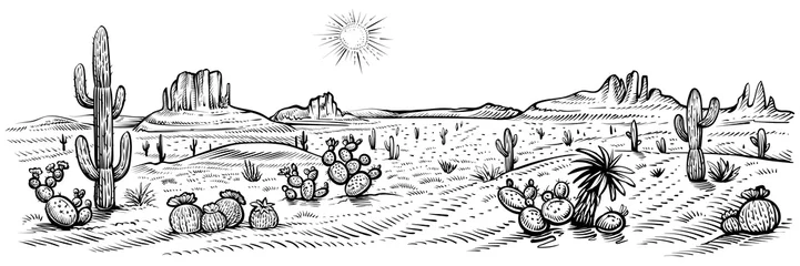 Foto op Canvas Desert panorama landscape, vector illustration. Arizona line sketch with cactuses and rocks. © airmel
