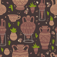 Pottery and plants vector seamless pattern. Food