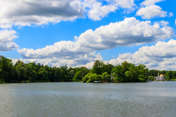 Big pond with Turkish Bath pavilion on a coast in the Catherine Park in Tsarskoye Selo, Pushkin,...