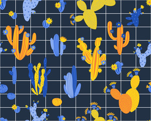 Vector seamless pattern with cactus on black and white geometric background. Summer plants, flowers and leaves. Natural floral bright design. Botanical illustration.