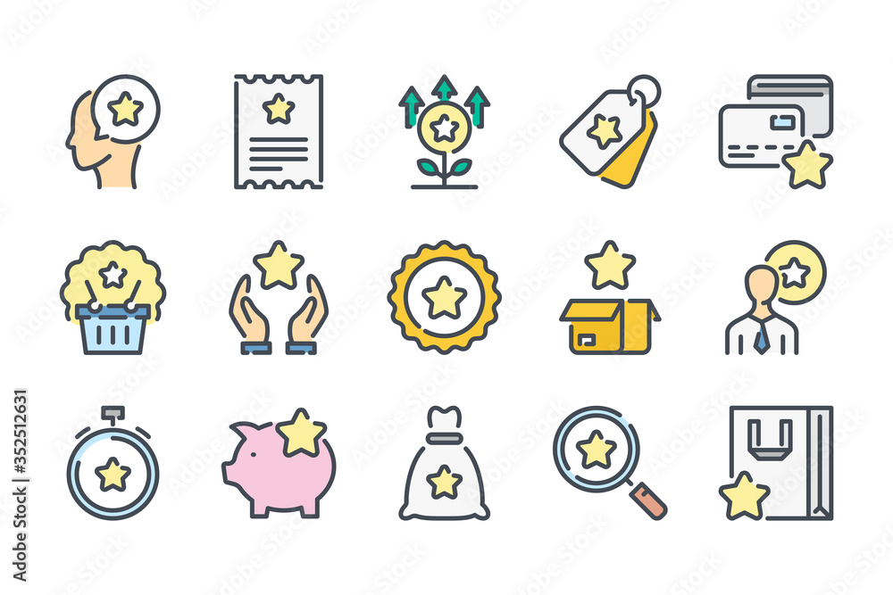 Poster loyalty program and client bonuses related color line icon set. customer reward service colorful lin