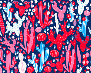 Vector seamless pattern with cactus on dark blue background. Summer plants, flowers and leaves. Natural floral bright design. Botanical illustration.