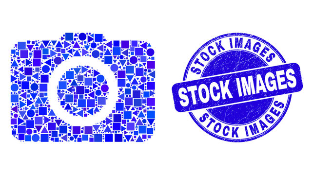 Geometric photo camera mosaic icon and Stock Images seal. Blue vector rounded distress seal stamp with Stock Images message. Abstract collage of photo camera combined of spheric, triangles,