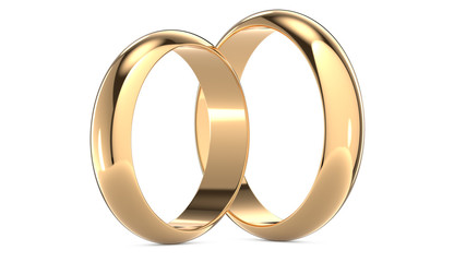 3D rendering illustration of Two golden wedding rings isolated on white. Wedding and marriage concept. 