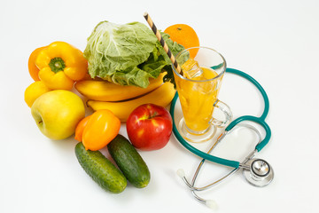Nutrition and healthy eating. Fruits, vegetables and stethoscope