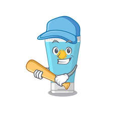 Attractive sunblock cream caricature character playing baseball