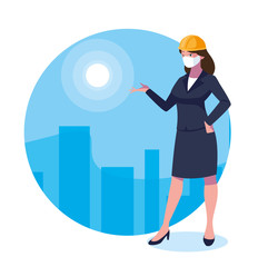 Architect woman with mask and helmet vector design