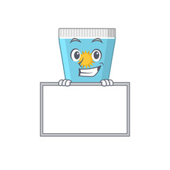 Sunblock cream cartoon design style standing behind a board