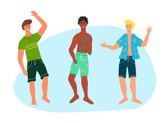 Obraz premium Group of people of different skin color on the beach, flat style vector illustration. Young men in beach clothes smile and dance.