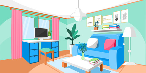 Living room interior vector. Design of a cozy room with sofa, window and decor accessories. Vector illustration about interior