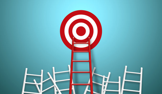 Stand out from the crowd and think different creative idea concepts. Longest red colour ladder and aiming high to goal target