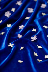 Lilac petals lie on blue velvet