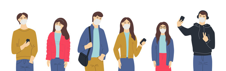 People Wearing medical masks. Coronavirus quarantine in China. Young trendy asian people. People flat vector characters set isolated on a white background. Wuhan Virus epidemy in China.