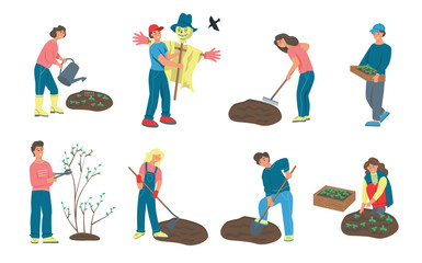 Gardening on a farm set of cartoon characters. Young people dig, rake the ground, cut trees, plant and water seedlings. Men, women in the garden. Flat vector illustration.