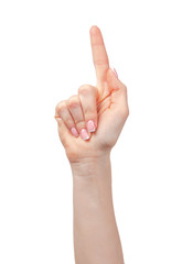 Naklejka premium Female hand showing one finger up on white