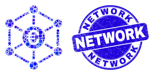 Geometric euro network mosaic icon and Network seal. Blue vector round distress seal with Network caption. Abstract mosaic of euro network done of sphere, tringle, square geometric items.