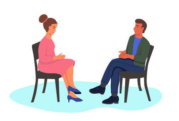 A young man and woman sit in chairs opposite each other. Characters isolated on a white background. The concept of Dating, psychotherapy, interviews. Flat vector illustration.