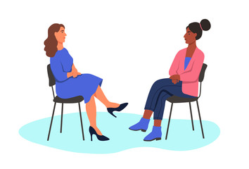 Two women sit opposite each other on chairs. The concept of the interview, psychotherapy. Flat cartoon vector illustration.