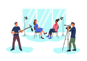 Recording a journalistic interview in the Studio. People sit on chairs, a videographer, a man holding a microphone, spotlights.  Flat cartoon vector illustration.