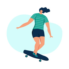 Fototapeta na wymiar Young woman skateboarding. Teenage girl or skateboarder riding skateboard. Female cartoon character isolated on white background. Flat vector illustration.