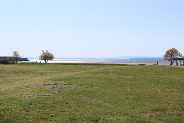 Green field in Marine Park with a view of far away Canadian landscape