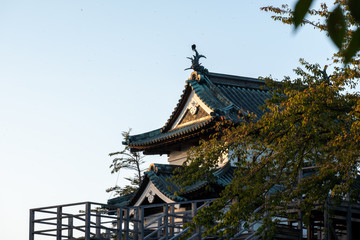 Fototapeta premium The peaceful and beautiful without people suburb of temple and castle Japan between the epidemic