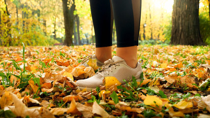 Closeup photo of young woman wearing sports sneakers and sexy fitness leggings in autumn park