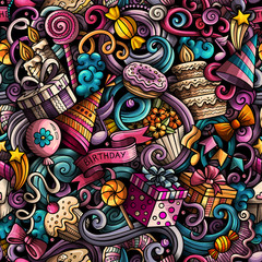 Happy Birthday hand drawn doodles seamless pattern.