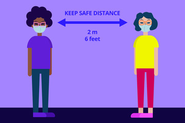 Two young women wearing medical masks keeping safe distance. Public safety social distancing motivation poster.
