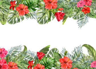 Tropical leaves and flower frame. Watercolor palm leaf, monstera, banana, red  hibiscus © Nataliya Kunitsyna