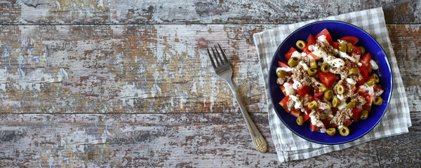 Nutritious salad with tuna and olives. Healthy diet. Keto salad.