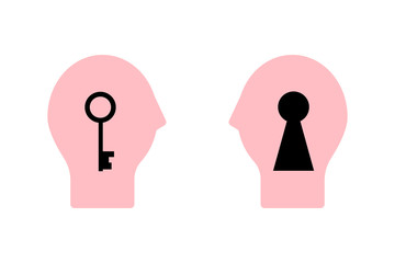 Two faces, one with a clue in its head, the other with a keyhole to open. Vector line of the concept of psychotherapy, solutions to mental problems, organized and disorganized brain, disorders.