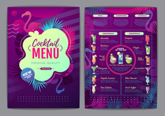 Restaurant summer tropical gradient cocktail menu design with fluorescent tropic leaves and flamingo.