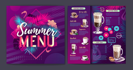 Restaurant summer tropical gradient coffee menu design with fluorescent tropic leaves and flamingo.