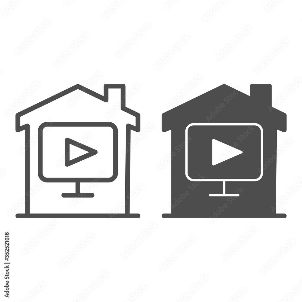 Poster multimedia player with house line and solid icon, smart home concept, home and video vector sign on 