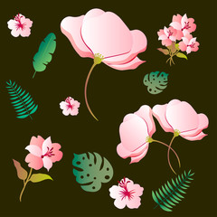 Botanical illustrations. Pink flowers. Floral Design elements. Perfect for wedding invitations, greeting cards, posters, prints