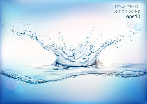 Blue transparent water splashes and drops. Realistic isolated vector illustration 