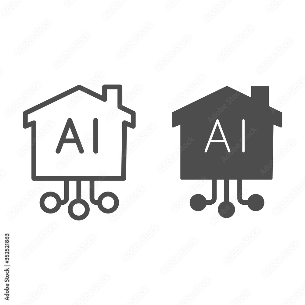 Poster artificial intelligence house and network line and solid icon, smart home symbol, remote control tec