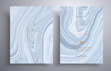 Vector wedding invitation with marble pattern. Gray, blue and white overflowing colors. Beautiful cards that can be used for design cover, invitation, greeting cards, brochure and etc
