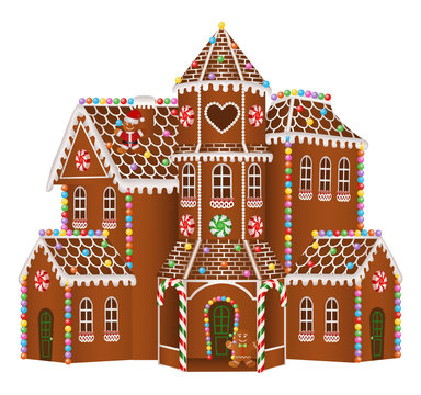 gingerbread big house with christmas candies, gingerbread man and gingerbread tree	