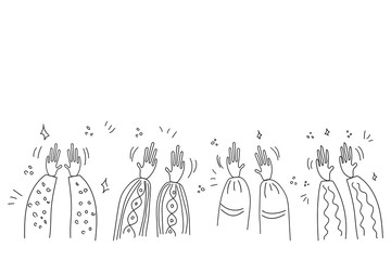 Naklejka premium Black outline human hands, applause, clapping ovation in doodle. Vector hand drawn sketch style illustration of greeting isolated on white background. Crowd, party, sale concept ets.